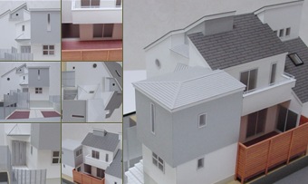 "Ｓ＝１：５０　屋根の重なり、切妻屋根とウッドデッキの模型" の表示