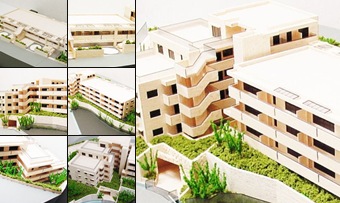 "S=1 ∕ 100　高低差のある土地形状でのマンションのバルサ模型" の表示